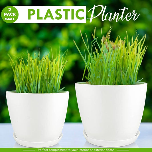 Decorative Flower Pots with Drainage - Pack of 2 Plastic Planters for Indoor Plants