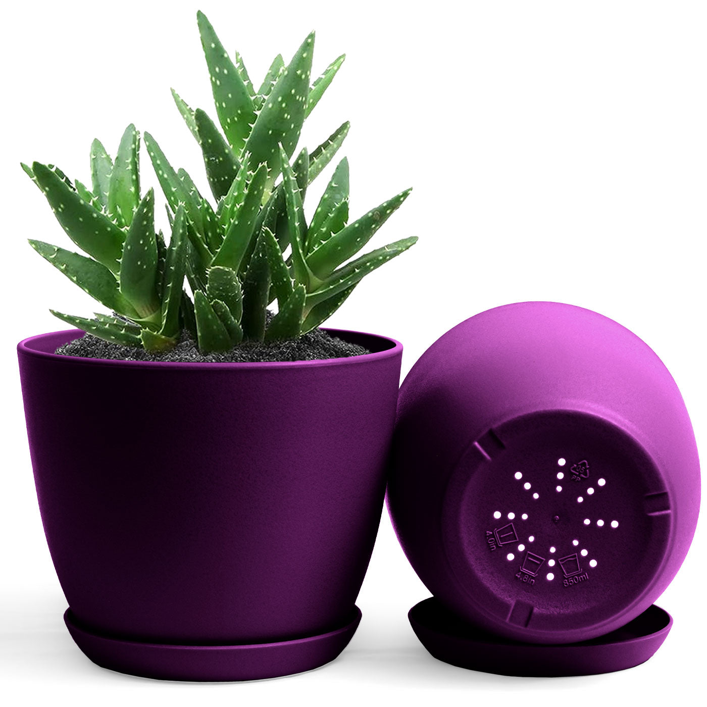 Decorative Flower Pots with Drainage - Pack of 2 Plastic Planters for Indoor Plants