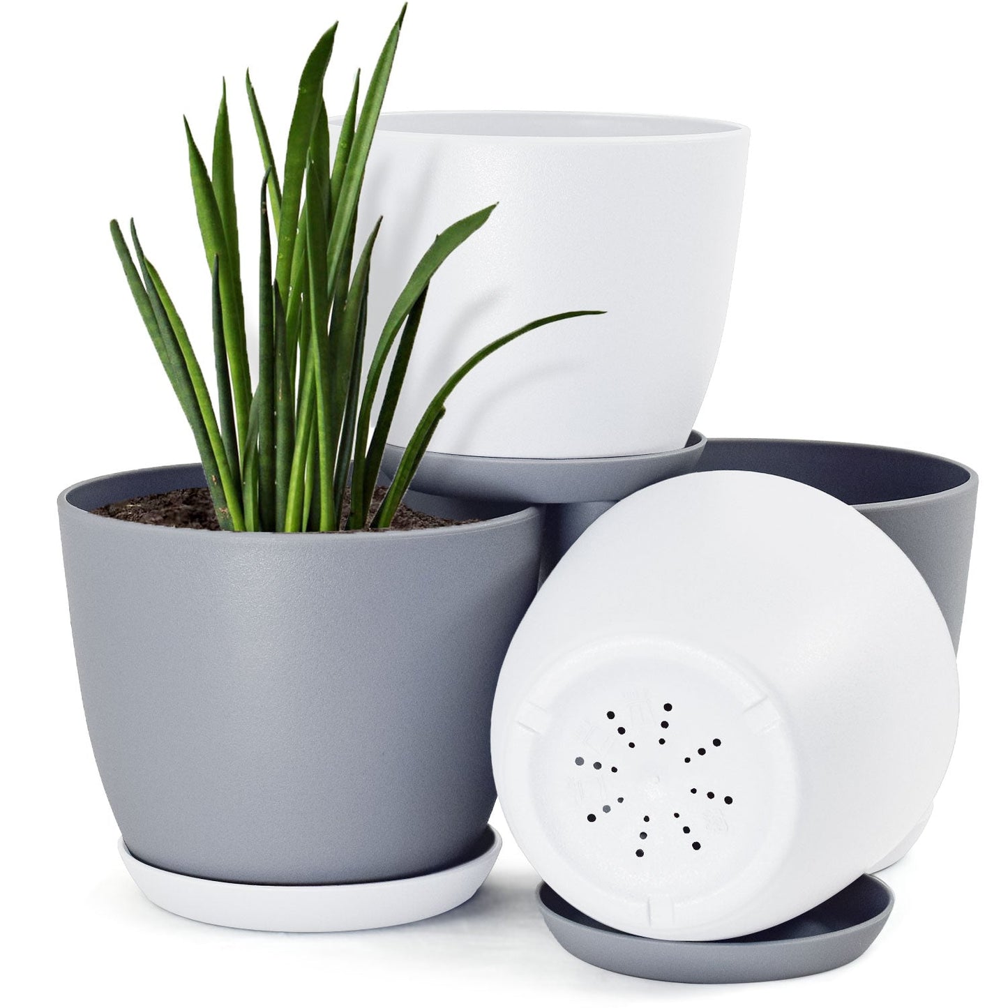 Plastic Decorative Flower Pots Set of 4 with Drainage for Indoor Plants 2 Sizes, 2 Colors (Plants Not Included)