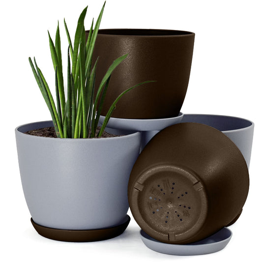 Plastic Decorative Flower Pots Set of 4 with Drainage for Indoor Plants 2 Sizes, 2 Colors (Plants Not Included)