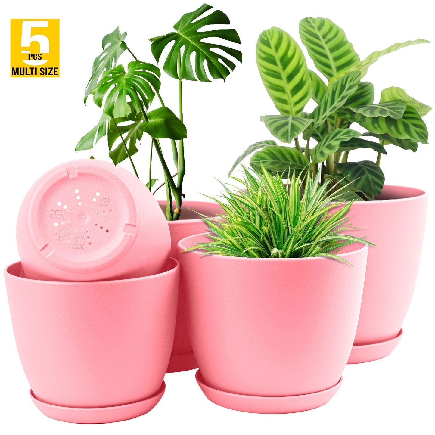 5pcs Plastic Flower Pot Set, 5 Sets Of 7/6.6/6/5.3/4.8 Inch Modern Style Plastic Flower Pot With Drainage Holes And Trays For Indoor And Outdoor Potted Plants, Such As Succulent, Snake Plant, Violets, Etc