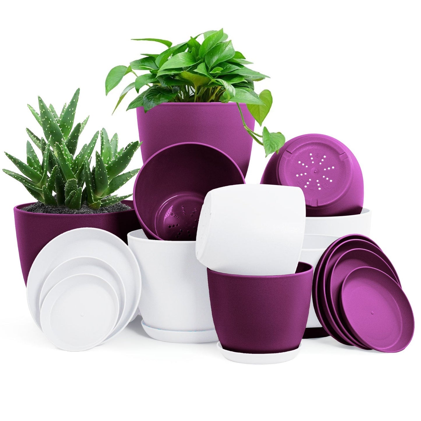 Premium Set of 10 Indoor Plant Pots with Drainage Decorative Plastic Planters for Indoor