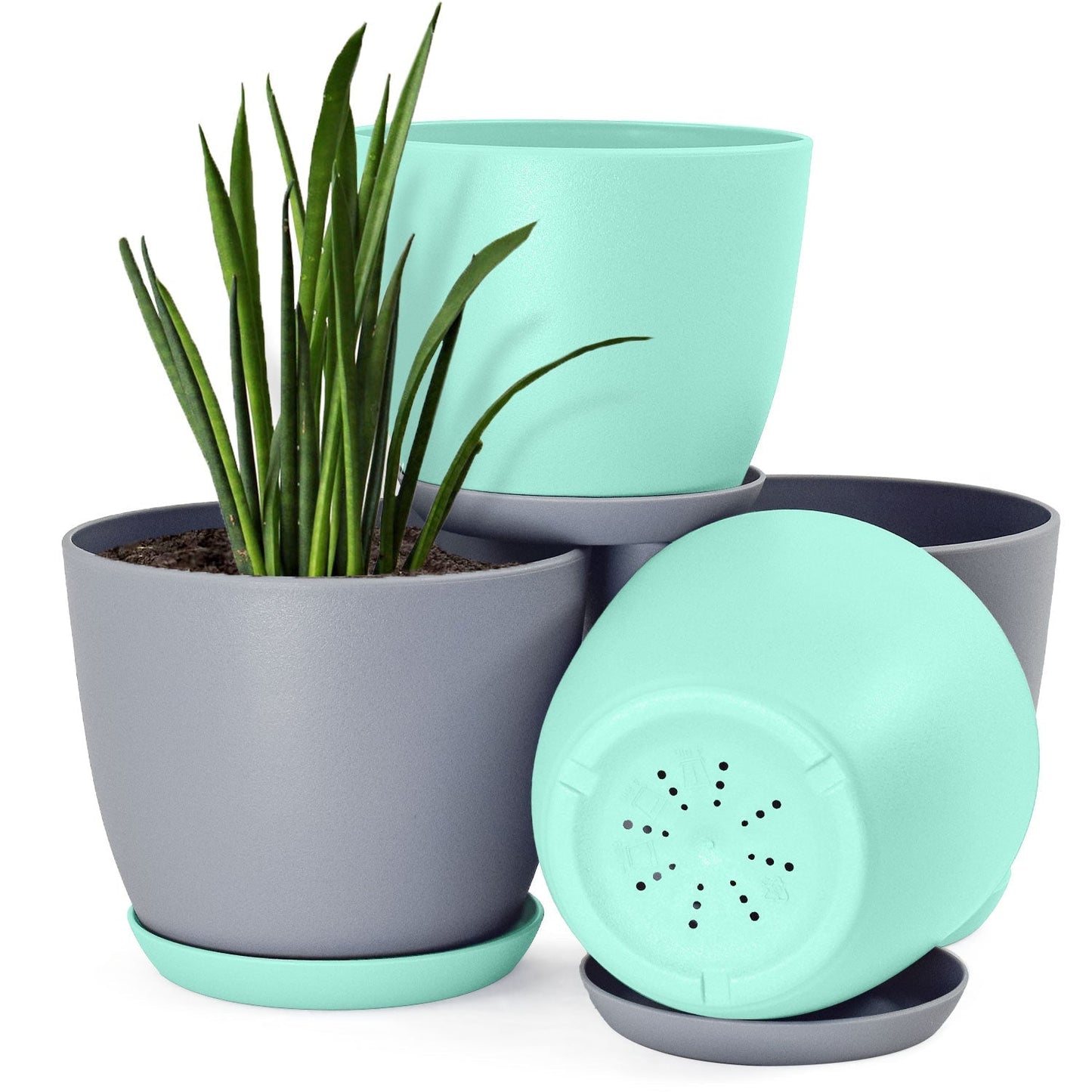 Plastic Decorative Flower Pots Set of 4 with Drainage for Indoor Plants 2 Sizes, 2 Colors (Plants Not Included)