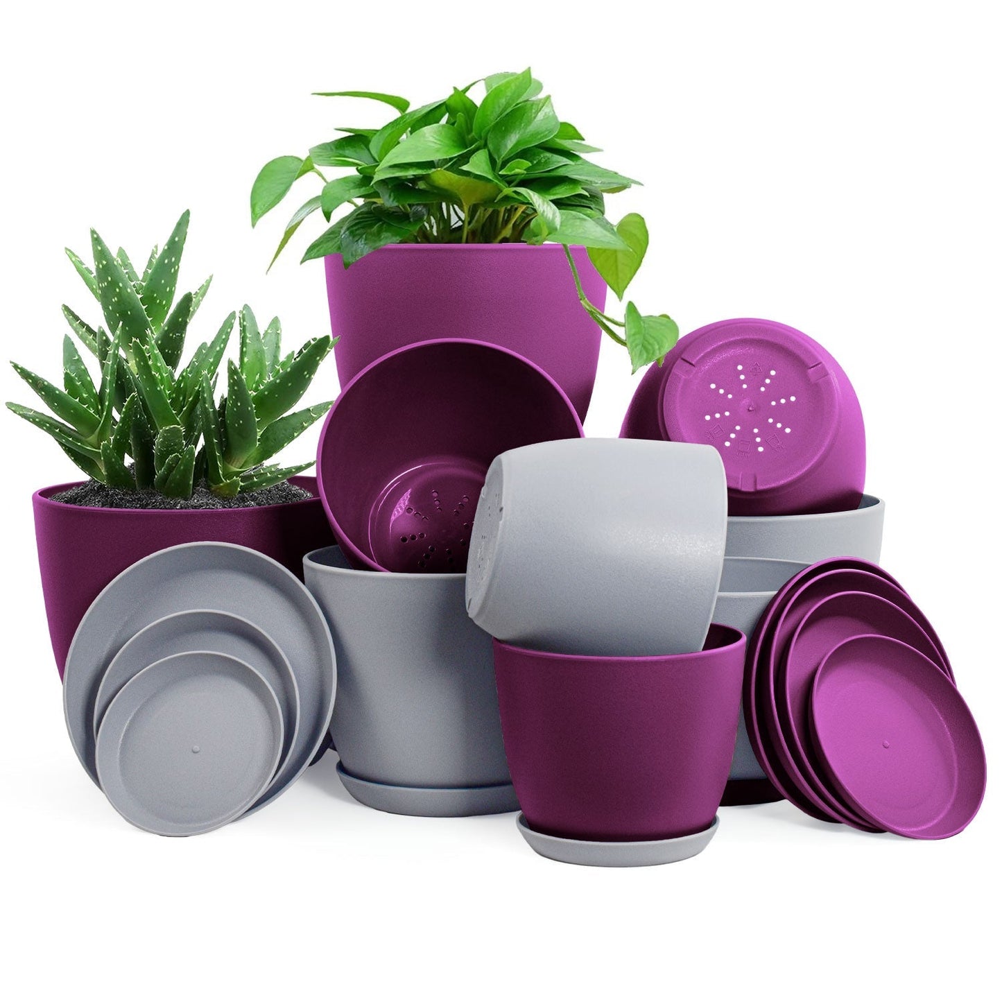 Premium Set of 10 Indoor Plant Pots with Drainage Decorative Plastic Planters for Indoor