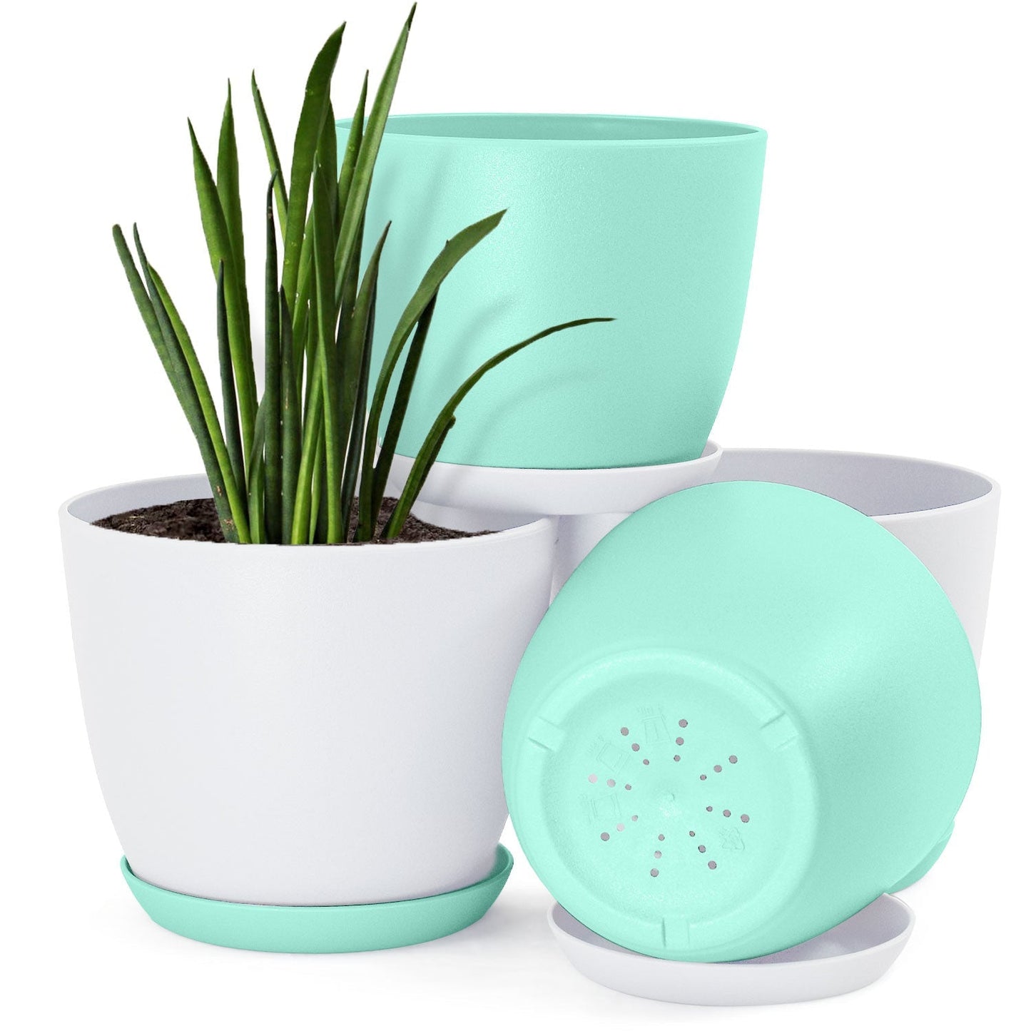 Plastic Decorative Flower Pots Set of 4 with Drainage for Indoor Plants 2 Sizes, 2 Colors (Plants Not Included)