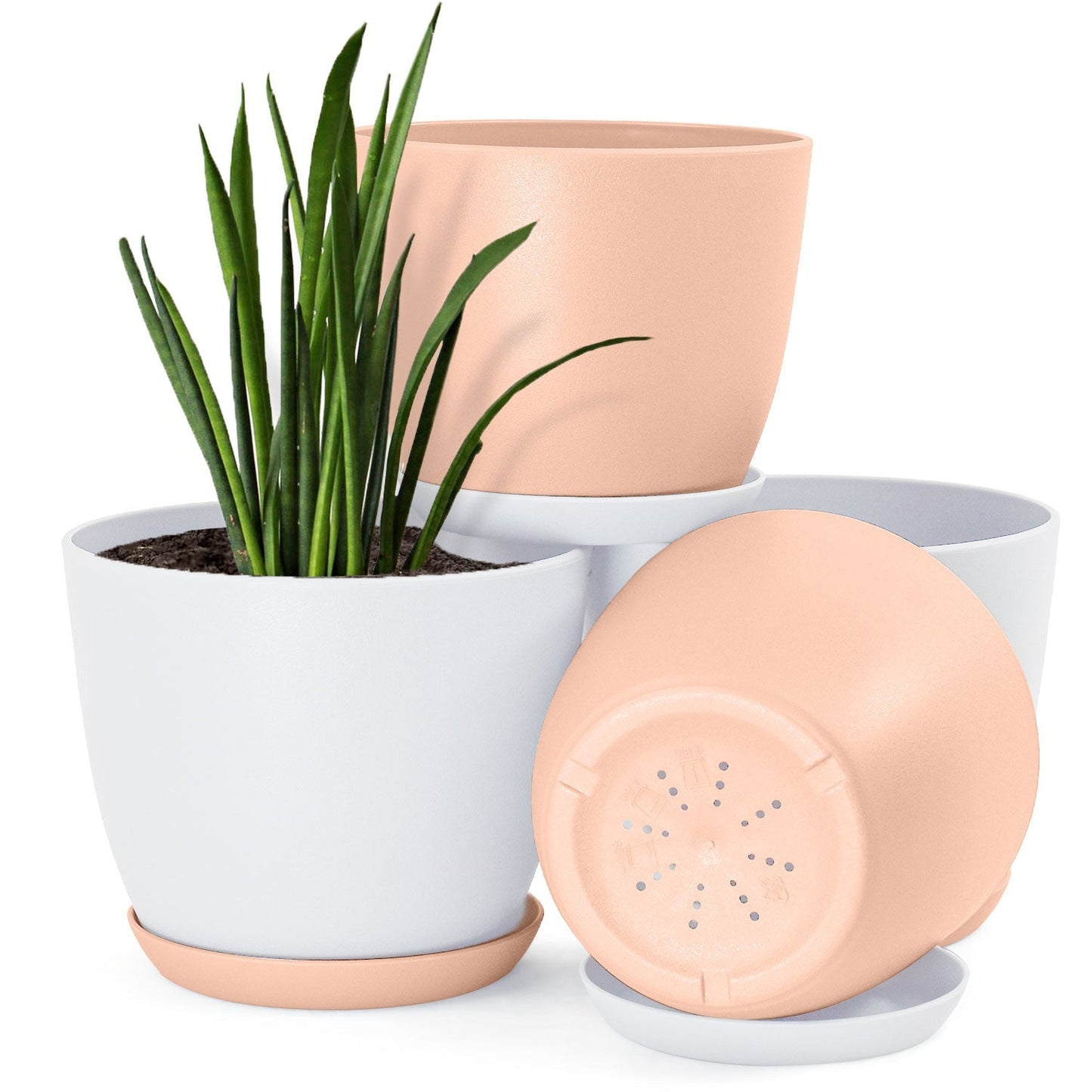 Plastic Decorative Flower Pots Set of 4 with Drainage for Indoor Plants 2 Sizes, 2 Colors (Plants Not Included)