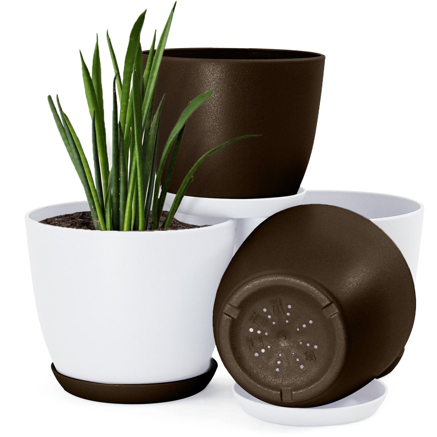 Plastic Decorative Flower Pots Set of 4 with Drainage for Indoor Plants 2 Sizes, 2 Colors (Plants Not Included)