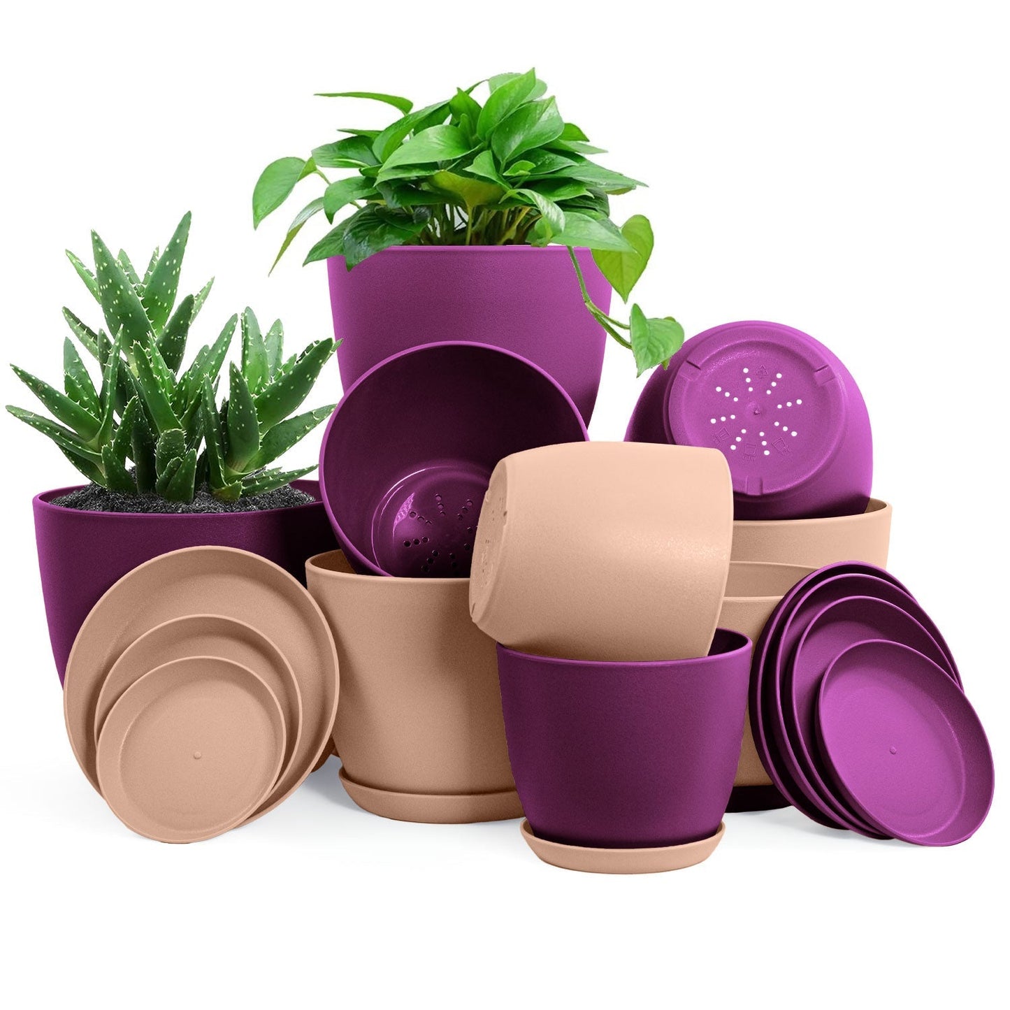 Premium Set of 10 Indoor Plant Pots with Drainage Decorative Plastic Planters for Indoor