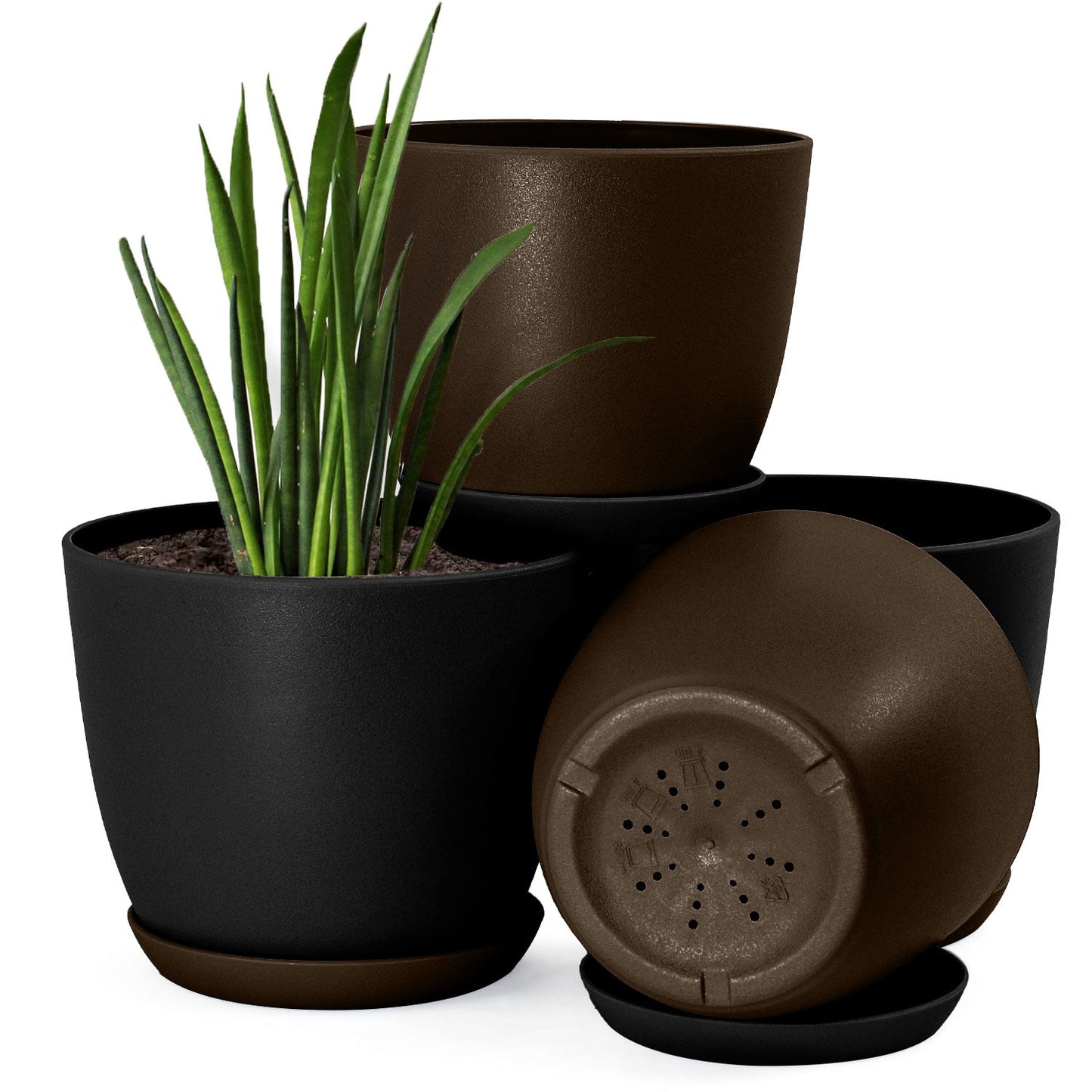Plastic Decorative Flower Pots Set of 4 with Drainage for Indoor Plants 2 Sizes, 2 Colors (Plants Not Included)