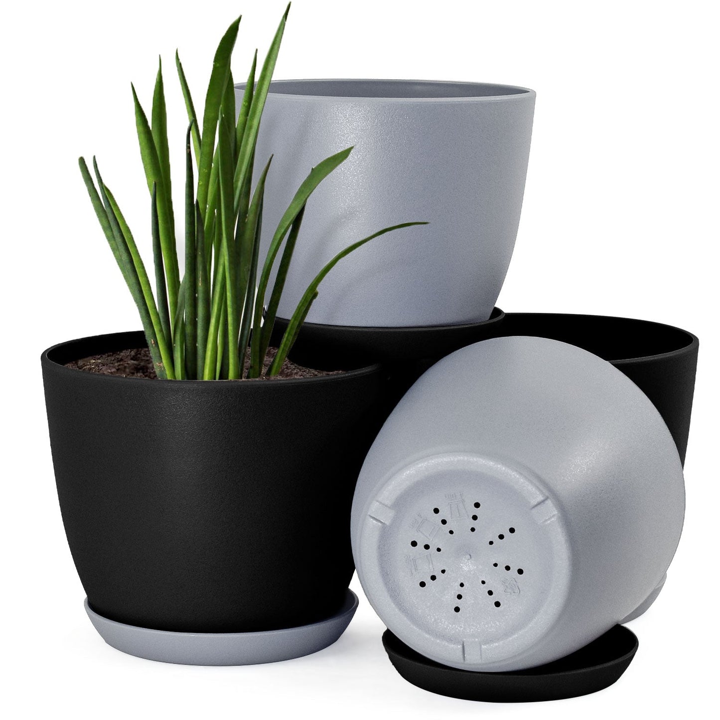 Plastic Decorative Flower Pots Set of 4 with Drainage for Indoor Plants 2 Sizes, 2 Colors (Plants Not Included)
