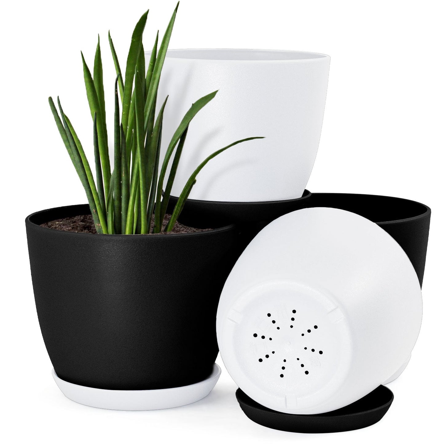 Plastic Decorative Flower Pots Set of 4 with Drainage for Indoor Plants 2 Sizes, 2 Colors (Plants Not Included)