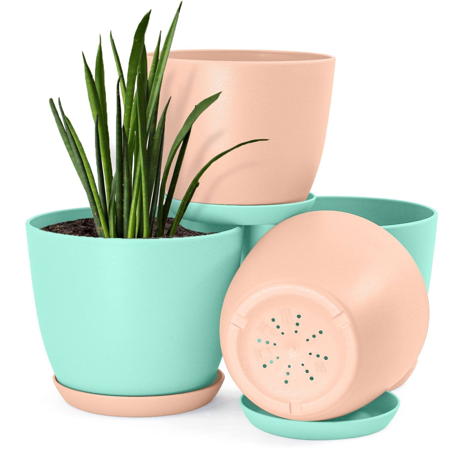 Plastic Decorative Flower Pots Set of 4 with Drainage for Indoor Plants 2 Sizes, 2 Colors (Plants Not Included)