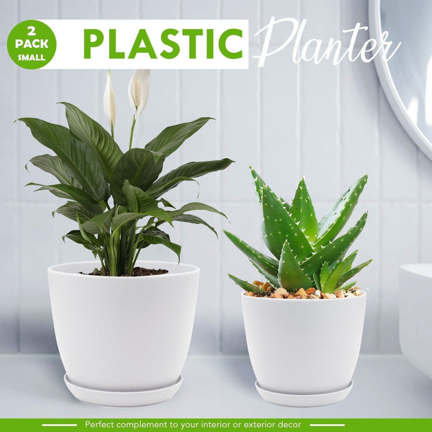 Decorative Flower Pots with Drainage - Pack of 2 Plastic Planters for Indoor Plants