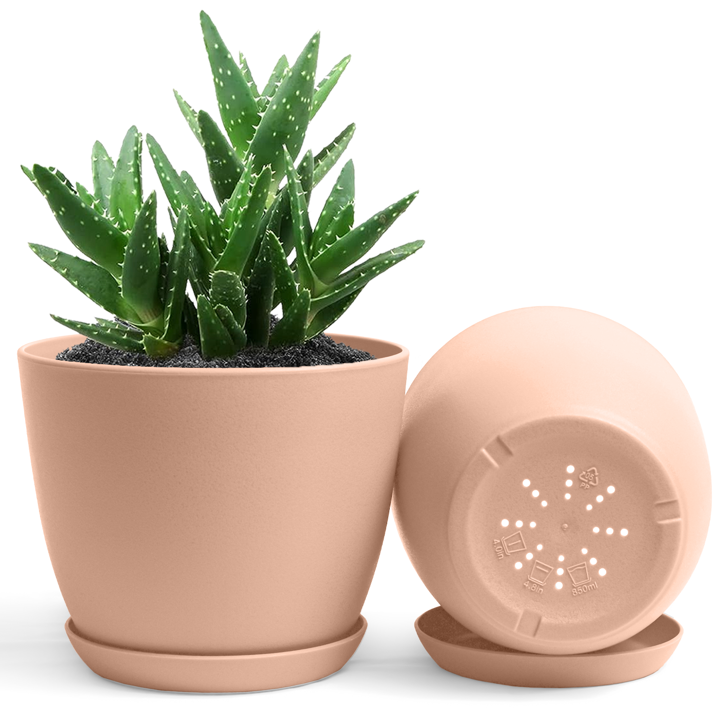 Decorative Flower Pots with Drainage - Pack of 2 Plastic Planters for Indoor Plants