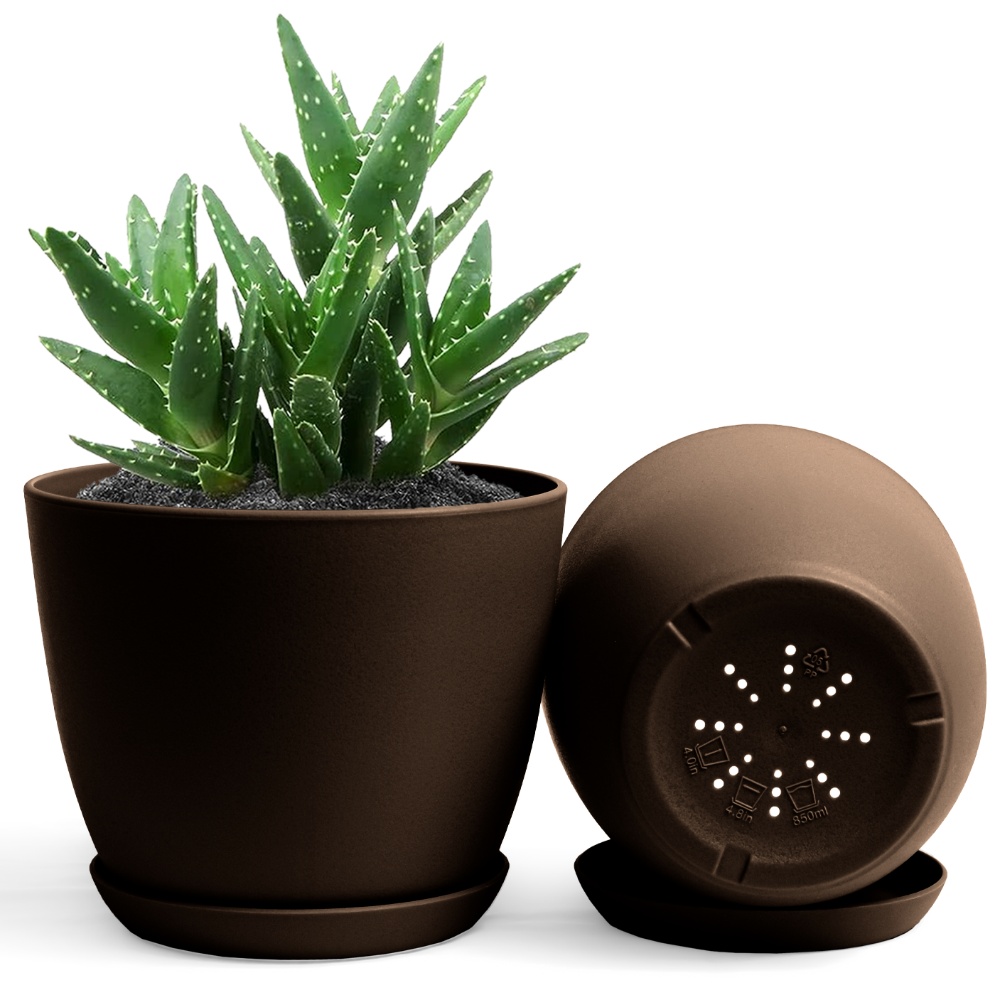 Decorative Flower Pots with Drainage - Pack of 2 Plastic Planters for Indoor Plants
