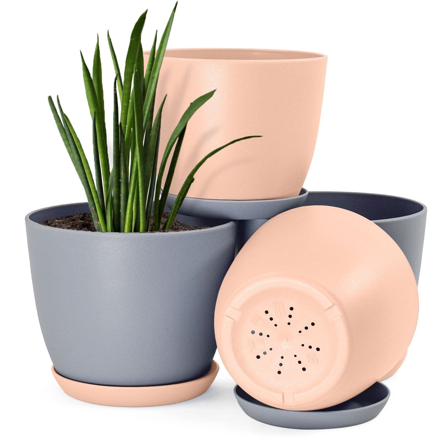 Plastic Decorative Flower Pots Set of 4 with Drainage for Indoor Plants 2 Sizes, 2 Colors (Plants Not Included)