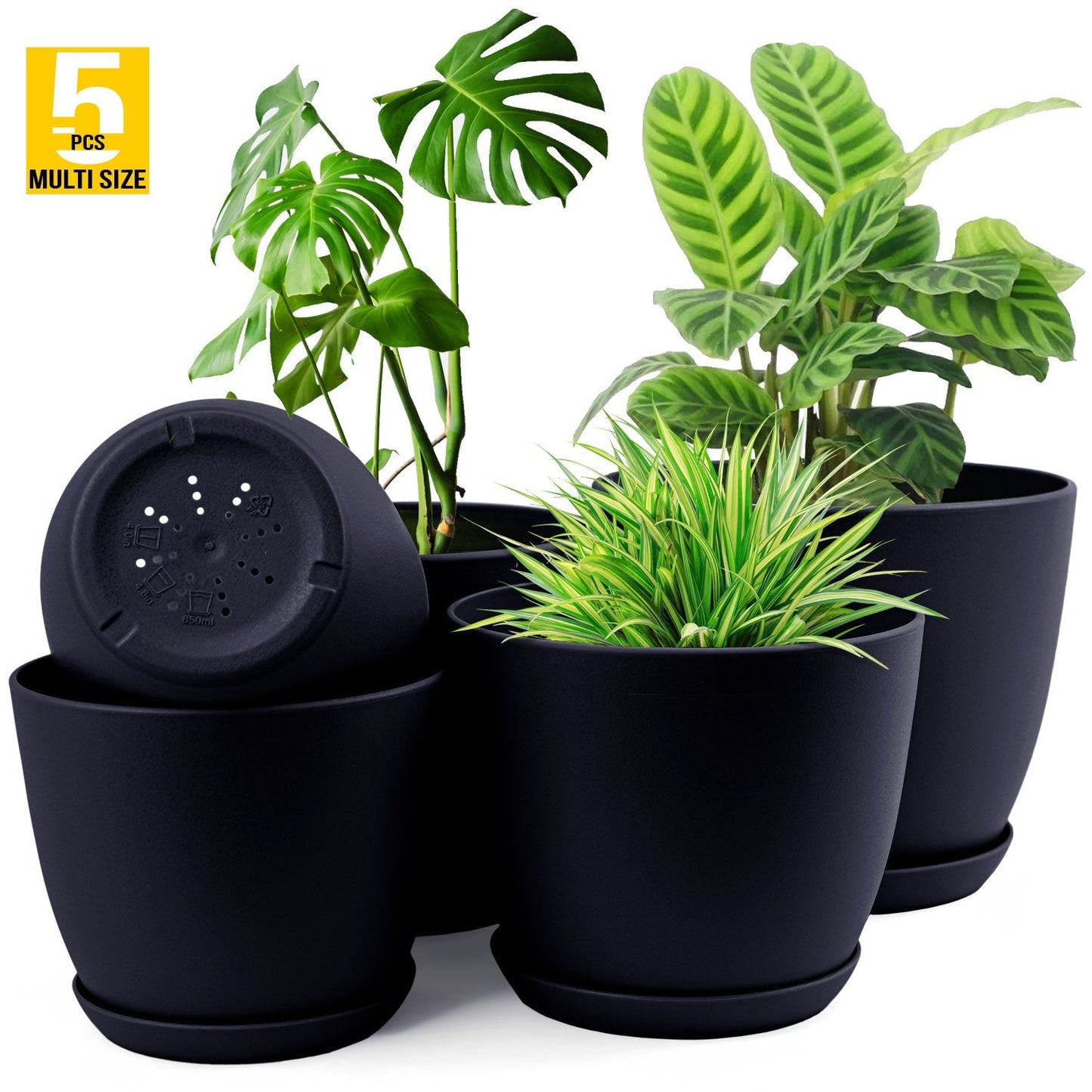 5pcs Plastic Flower Pot Set, 5 Sets Of 7/6.6/6/5.3/4.8 Inch Modern Style Plastic Flower Pot With Drainage Holes And Trays For Indoor And Outdoor Potted Plants, Such As Succulent, Snake Plant, Violets, Etc