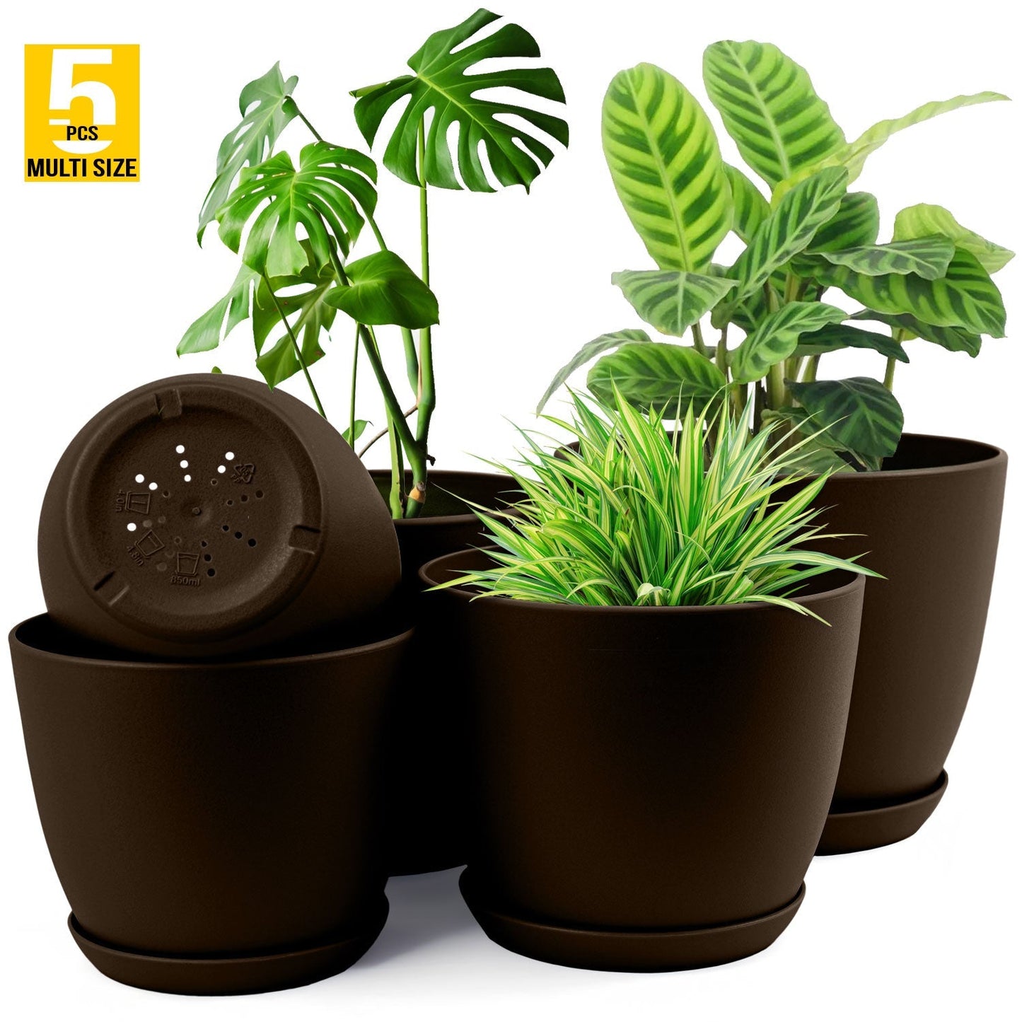 5pcs Plastic Flower Pot Set, 5 Sets Of 7/6.6/6/5.3/4.8 Inch Modern Style Plastic Flower Pot With Drainage Holes And Trays For Indoor And Outdoor Potted Plants, Such As Succulent, Snake Plant, Violets, Etc
