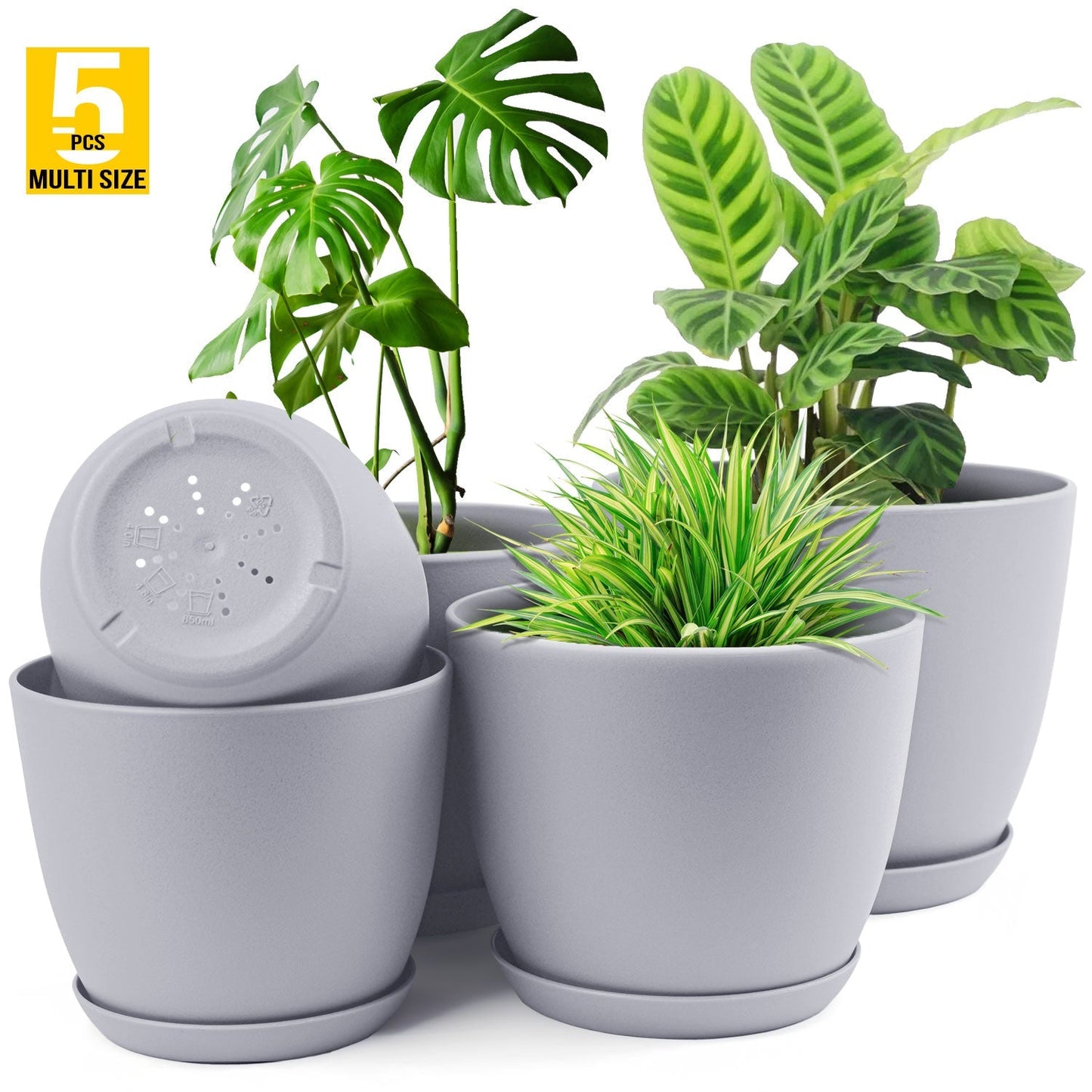 5pcs Plastic Flower Pot Set, 5 Sets Of 7/6.6/6/5.3/4.8 Inch Modern Style Plastic Flower Pot With Drainage Holes And Trays For Indoor And Outdoor Potted Plants, Such As Succulent, Snake Plant, Violets, Etc