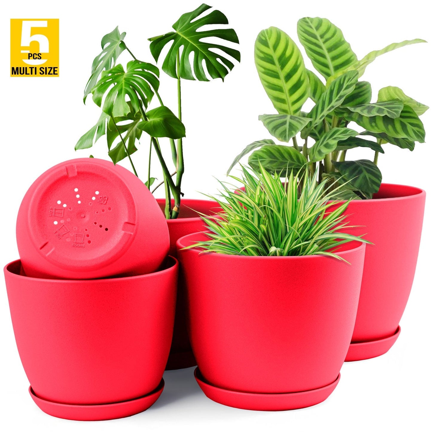 5pcs Plastic Flower Pot Set, 5 Sets Of 7/6.6/6/5.3/4.8 Inch Modern Style Plastic Flower Pot With Drainage Holes And Trays For Indoor And Outdoor Potted Plants, Such As Succulent, Snake Plant, Violets, Etc