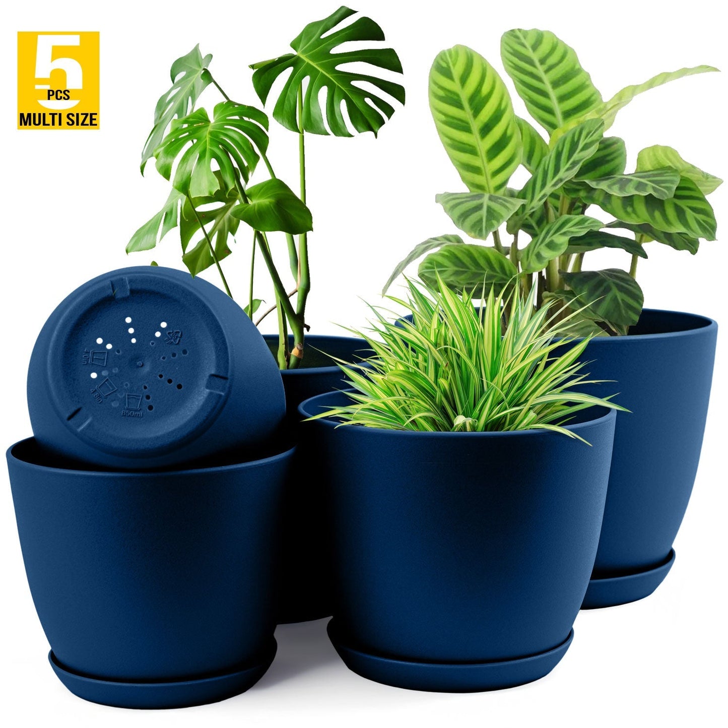 5pcs Plastic Flower Pot Set, 5 Sets Of 7/6.6/6/5.3/4.8 Inch Modern Style Plastic Flower Pot With Drainage Holes And Trays For Indoor And Outdoor Potted Plants, Such As Succulent, Snake Plant, Violets, Etc