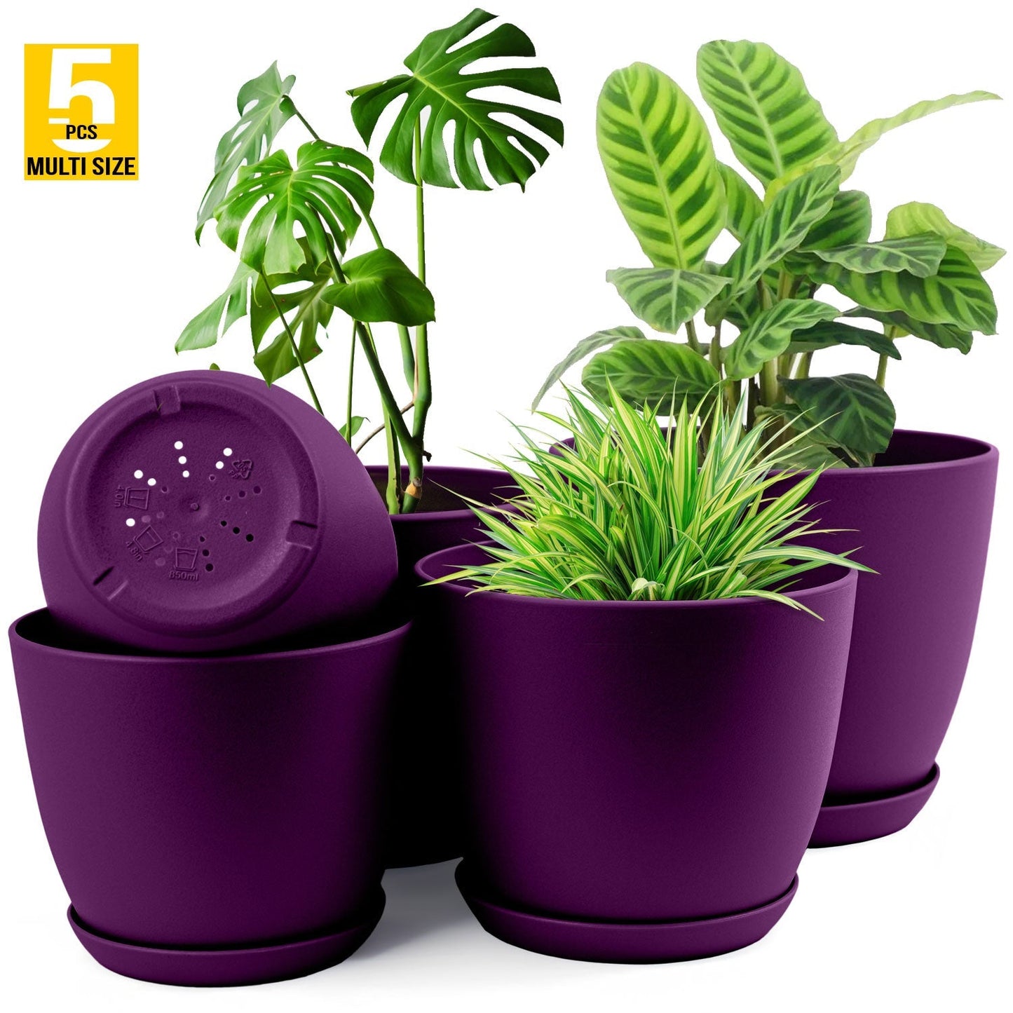5pcs Plastic Flower Pot Set, 5 Sets Of 7/6.6/6/5.3/4.8 Inch Modern Style Plastic Flower Pot With Drainage Holes And Trays For Indoor And Outdoor Potted Plants, Such As Succulent, Snake Plant, Violets, Etc