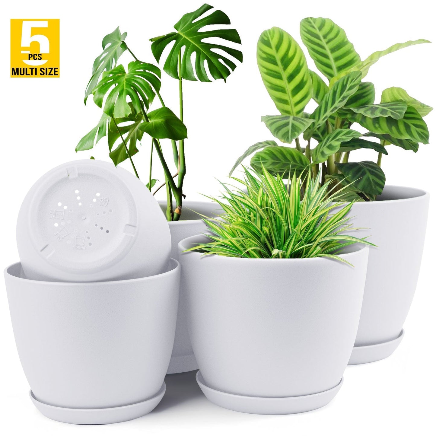 5pcs Plastic Flower Pot Set, 5 Sets Of 7/6.6/6/5.3/4.8 Inch Modern Style Plastic Flower Pot With Drainage Holes And Trays For Indoor And Outdoor Potted Plants, Such As Succulent, Snake Plant, Violets, Etc